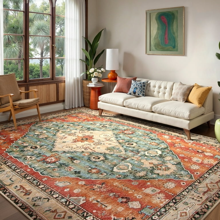 Area Rug Washable Fabric Terracotta Distressed Medallion Bohemian Chic