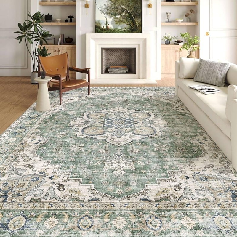 Area Rug Washable Low Pile Distressed Medallion Farmhouse Style