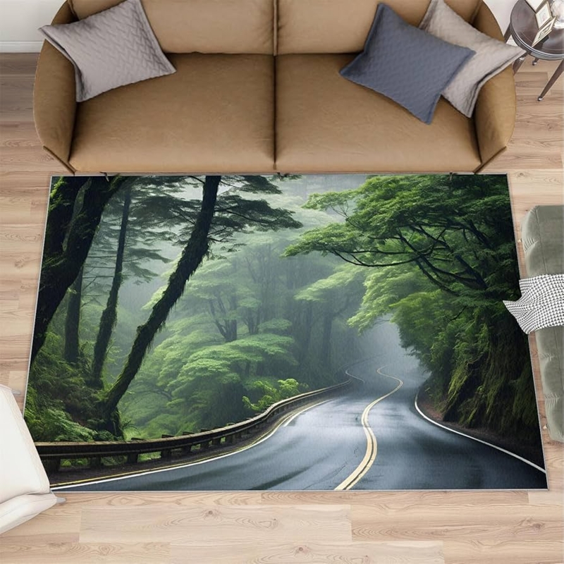 Area Rug Washable Low Pile Forest Photorealistic Biophilic