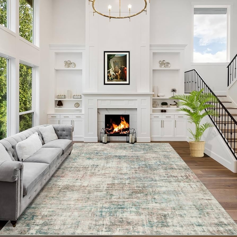 Area Rug Washable Painterly Abstract Multi
