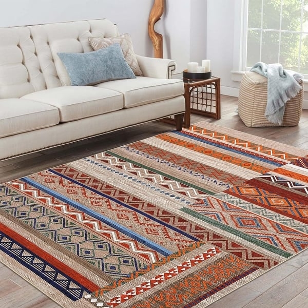 Area Rug Washable Patchwork Medallion Navy Royal Blue Distressed