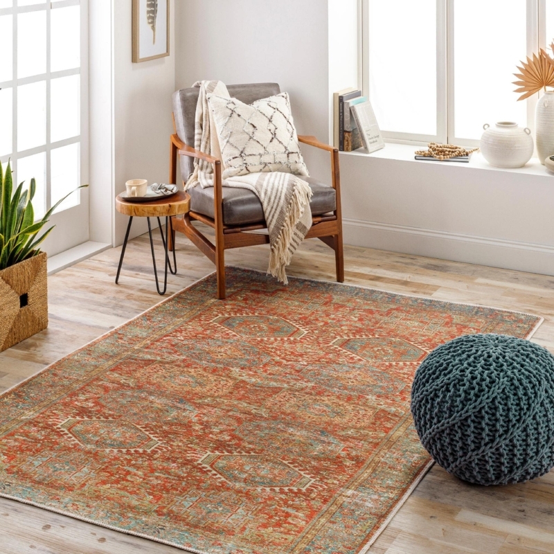 Area Rug Washable Rust Distressed Traditional Low Pile Living Room