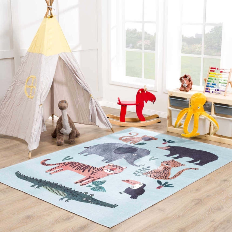 Area Rug Washable Safari Animal Print Light Blue Ground