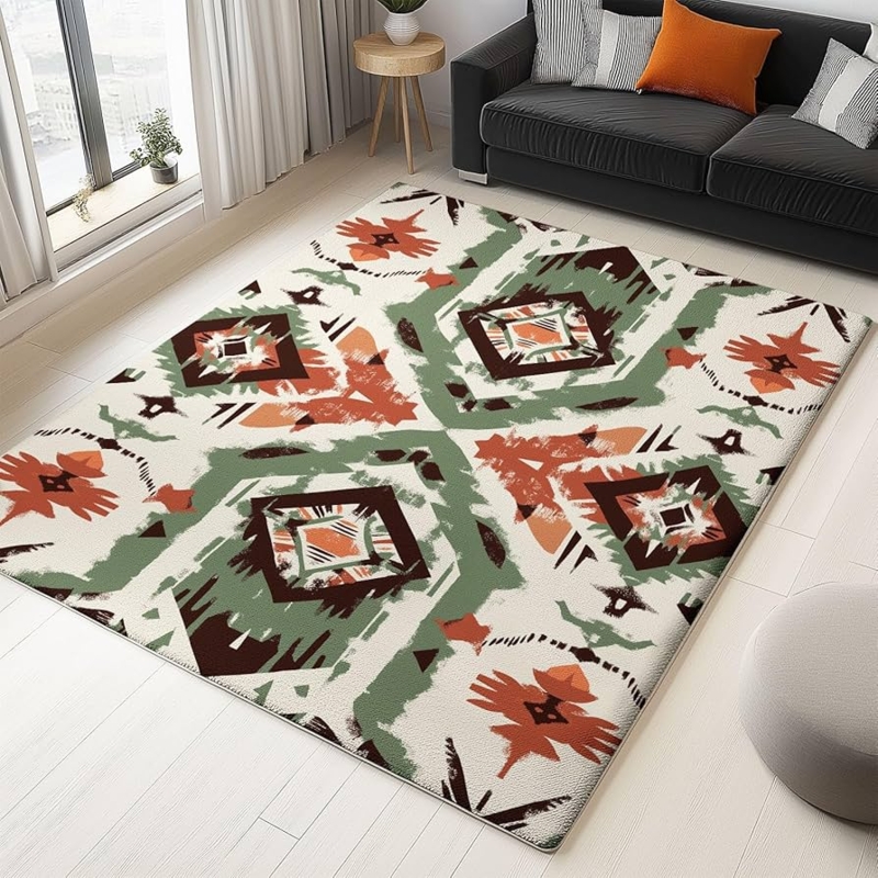 Area Rug Washable Texture Tribal Geometric Motifs Bohemian Terracotta