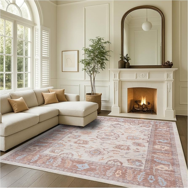 Area Rug Washable Vintage Oushak Muted Earth Tones Brown Beige