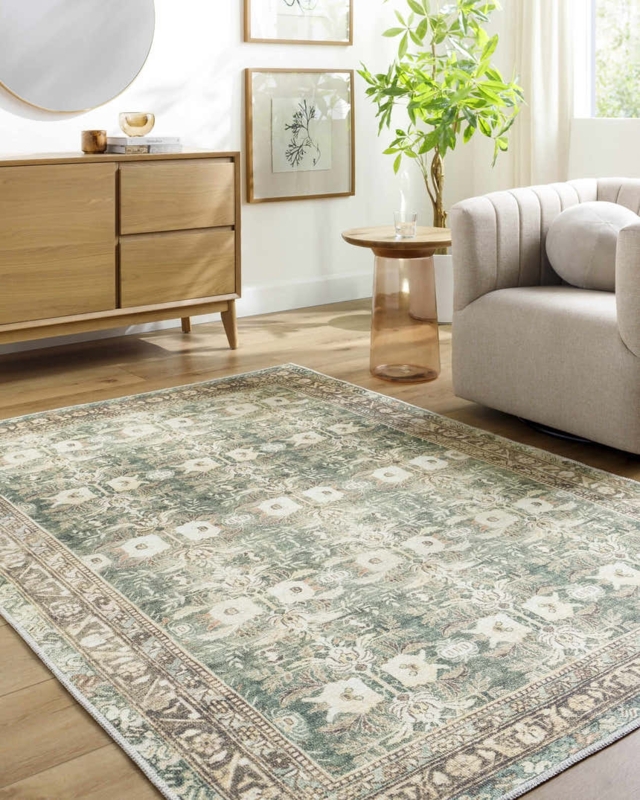 Area Rug Washable Vintage Style Faded Blue Tan Flat Pile