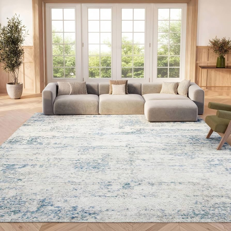 Area Rug Watercolor Abstract Pattern Ivory And Blue Palette Artistic Room Anchor