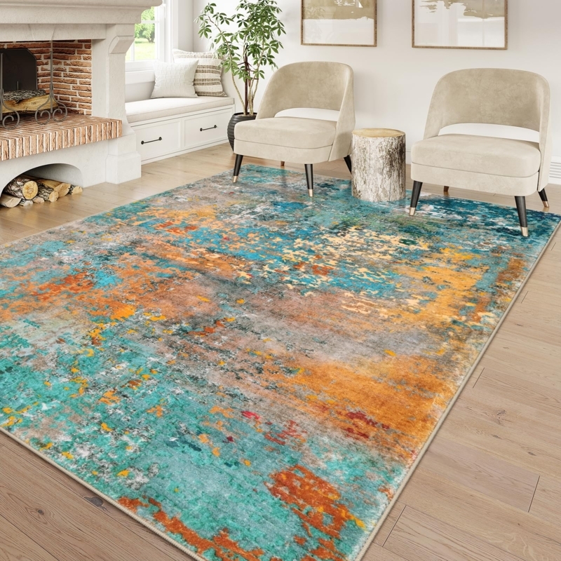 Area Rug Watercolor Abstract Teal & Orange, Washable Low Pile