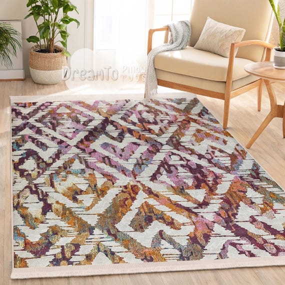 Area Rug Watercolor Chevron Pattern Purple Burgundy Palette Boho Style