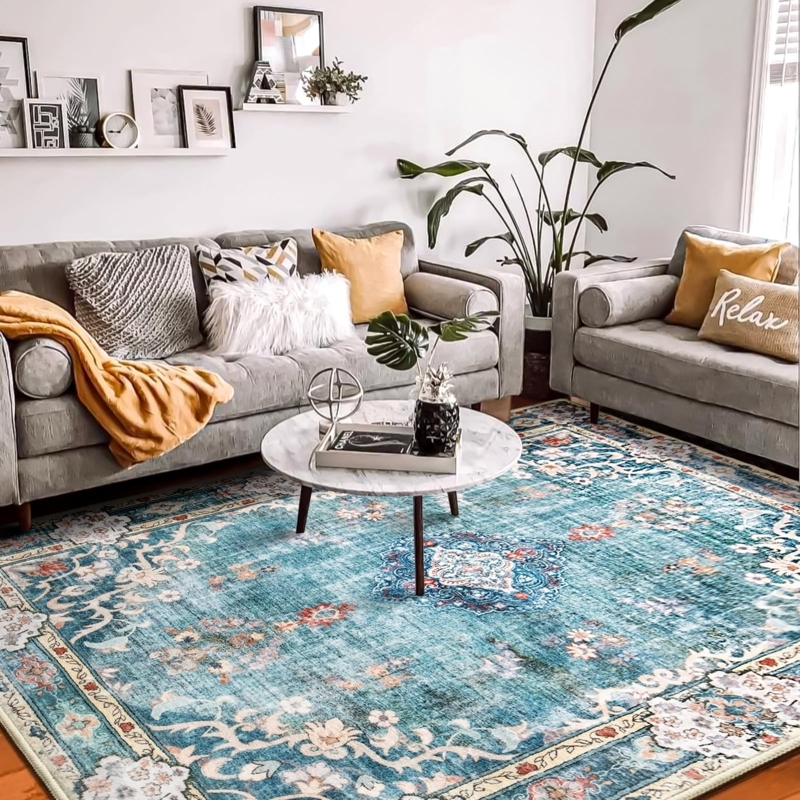 Area Rug Watercolor Floral Design Low Pile Boho Living Room