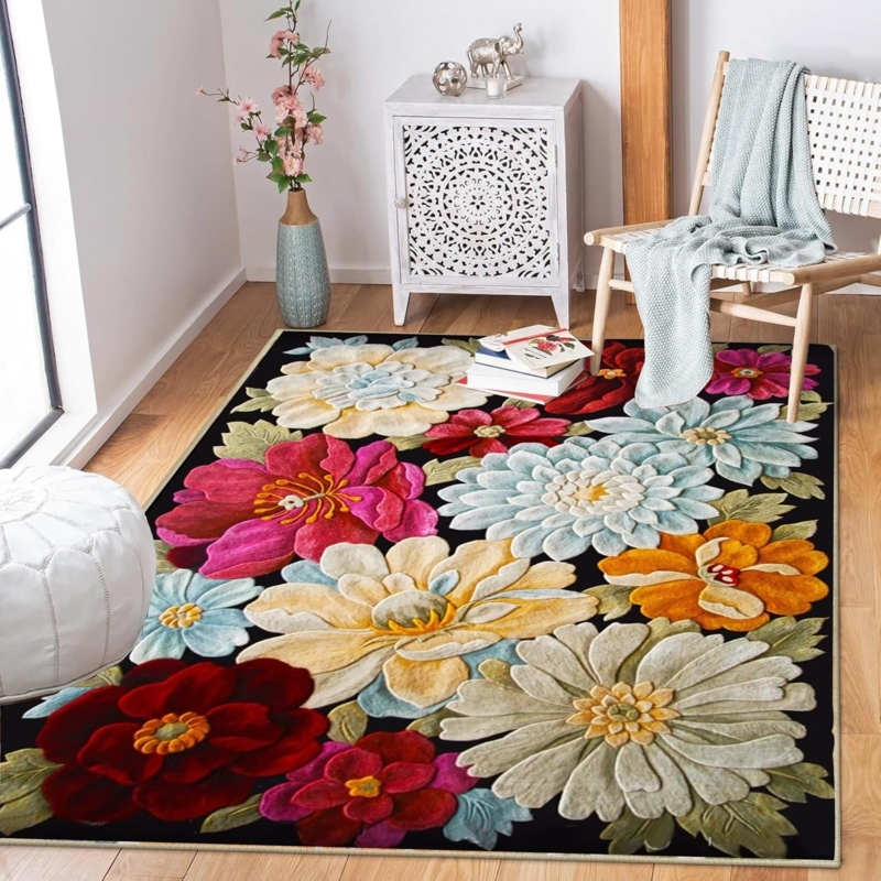 Area Rug Watercolor Floral Design, Vibrant Palette, Eclectic Botanical Print