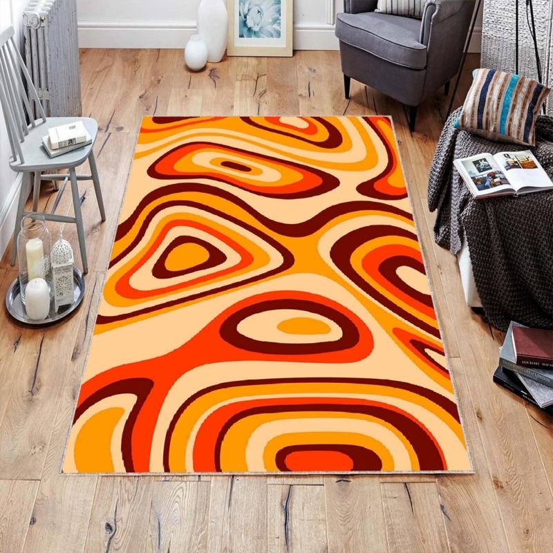 Area Rug Wavy Pattern Geometric Design in Orange Blue and Yellow