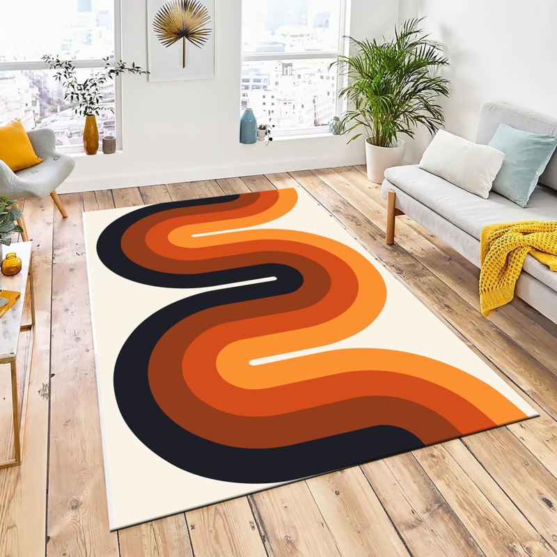 Area Rug Wavy Striped Pattern in Warm Tones, 70s Retro Living Room Rug