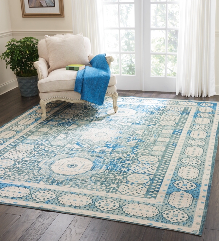 Area Rug Weathered Oriental Aesthetic Saturated Teal Vintage Farmhouse