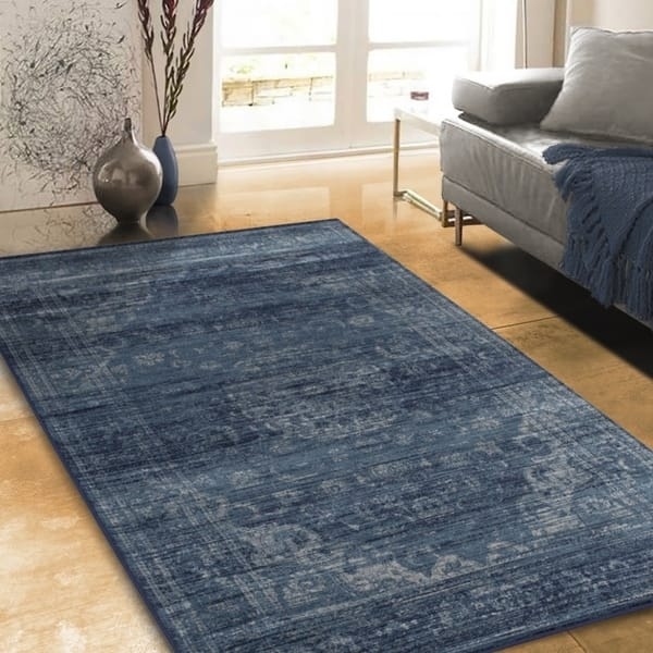 Area Rug Weathered Traditional Motif Distressed Blue Persian Decor
