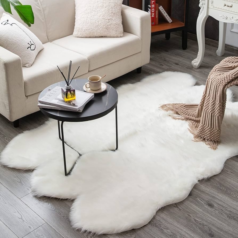Area Rug: White Faux Sheepskin Pelt Shape for Modern Living Room
