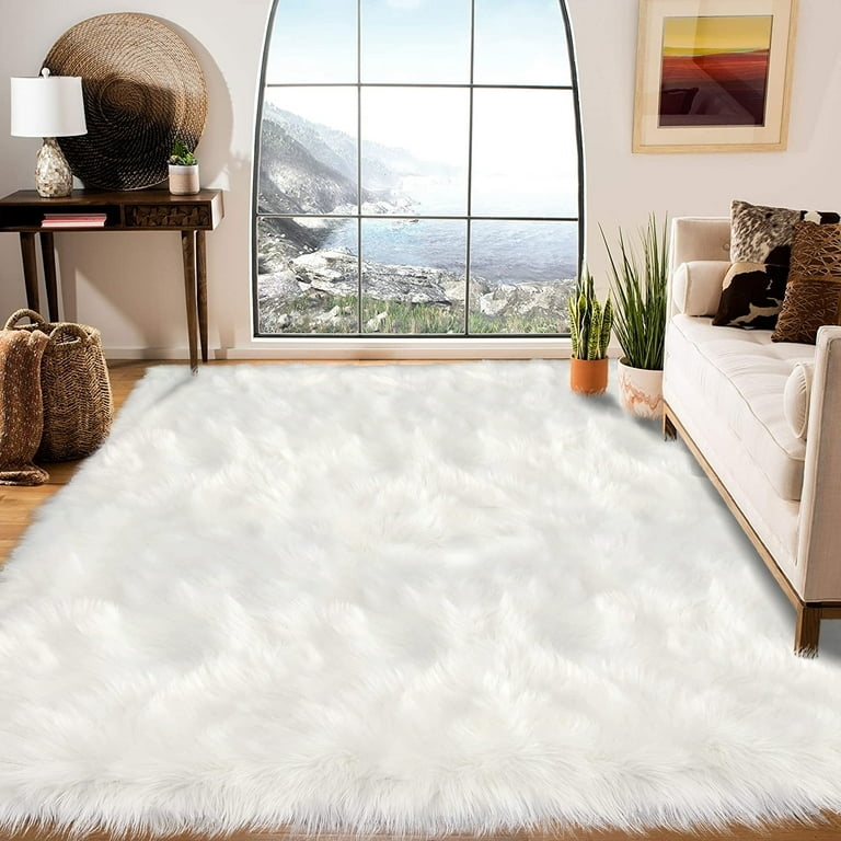 Area Rug White Faux Sheepskin Pelt Silhouette Irregular Edges Plush