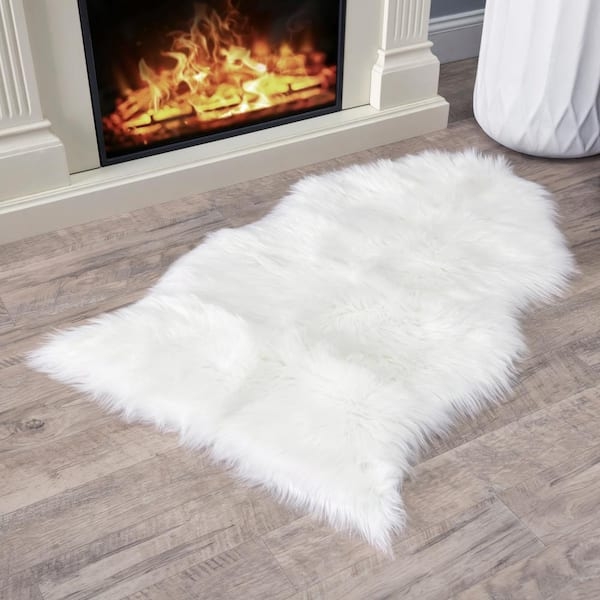 Area Rug White Organic Shape Faux Fur Shaggy High Pile Glam Accent