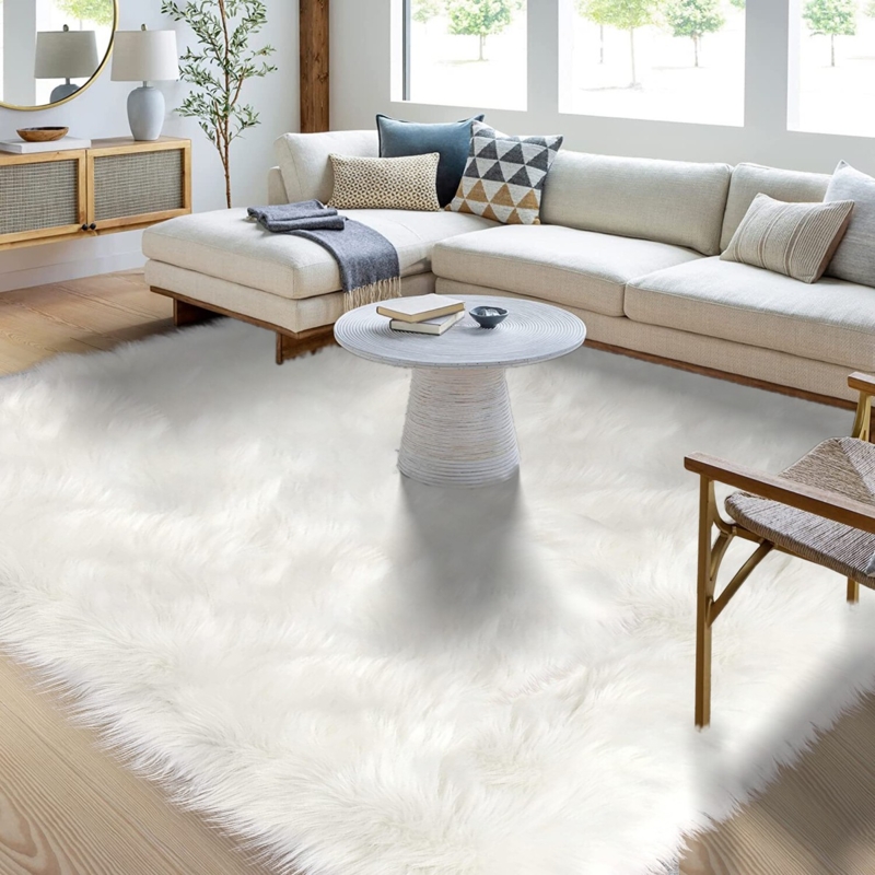 Area Rug White Sheepskin Silhouette Faux Fur Shaggy Irregular Border