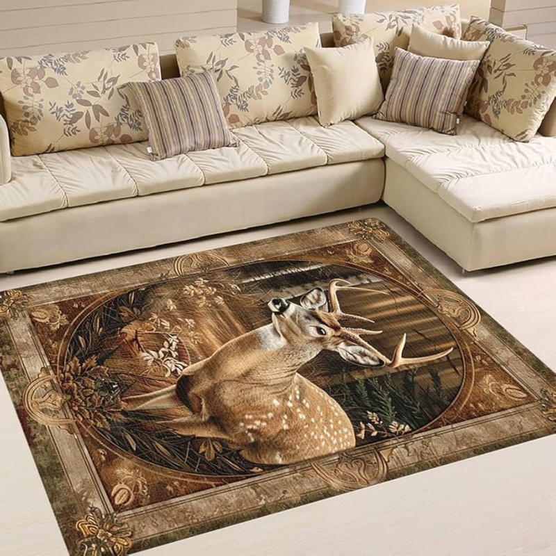 Area Rug Whitetail Deer Print Photographic Landscape Rustic Lodge
