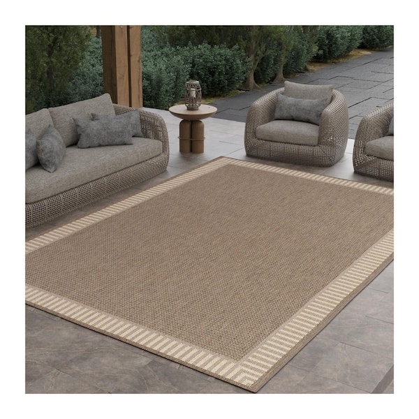 Area Rug Wicker Stitch Pattern Flatwoven Brown Tan Outdoor Patio Durable Deck