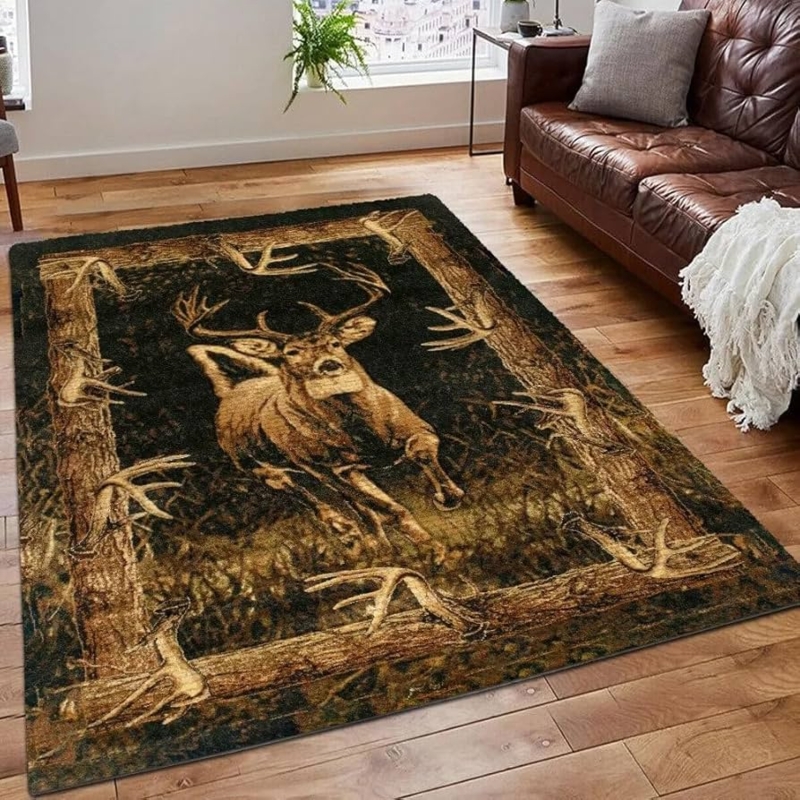 Area Rug Wildlife Motifs Camouflage Border Cabin Decor