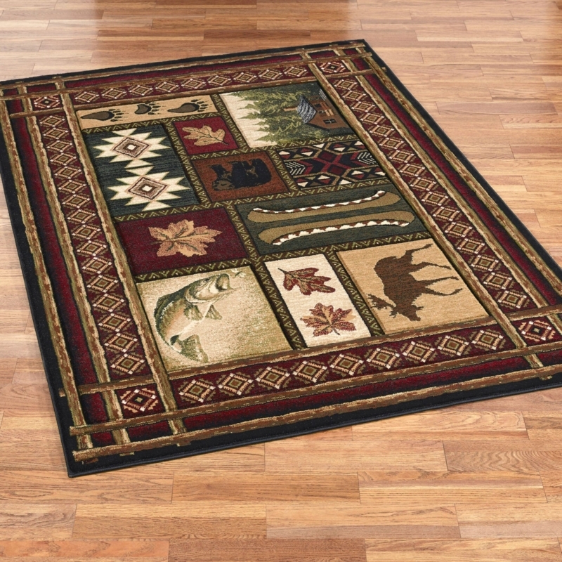 Area Rug Wildlife Patchwork Striped Border Warm Earth Tones