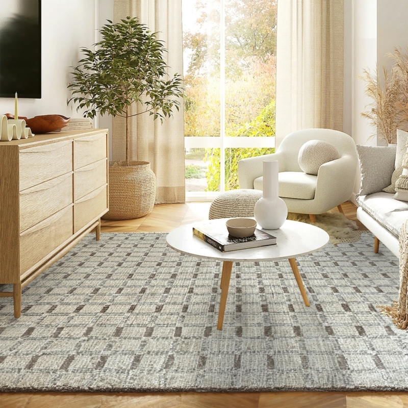 Area Rug Windowpane Grid Pattern Cream Charcoal Woven Modern Farmhouse