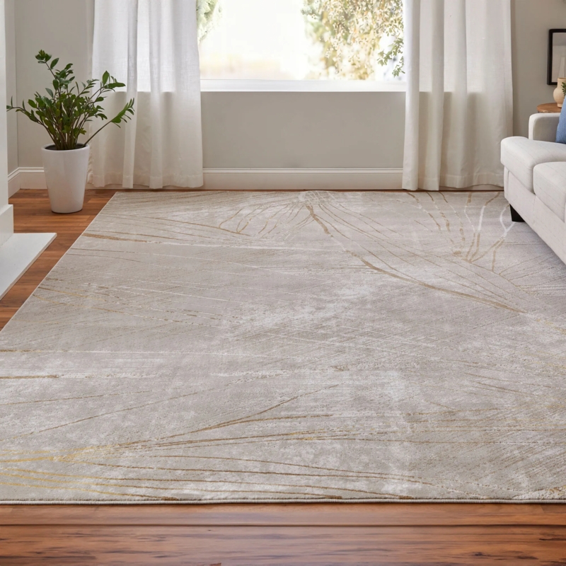 Area Rug with Abstract Brushstroke Pattern in Ivory Gray and Beige