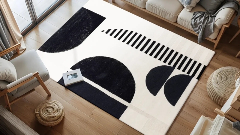 Area Rug with Abstract Organic Pattern in Earthy Neutral Tones.