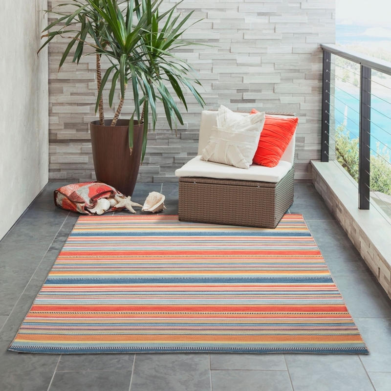 Area Rug with Coastal Striped Pattern in Blue and Beige Flatweave