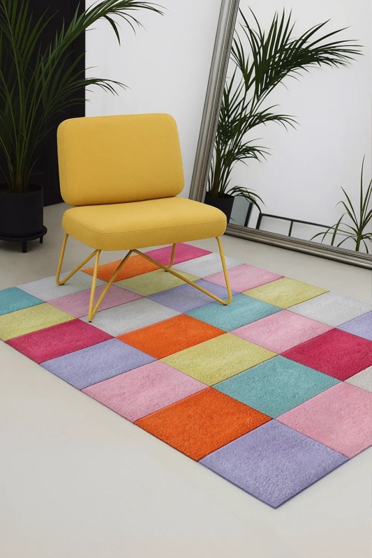 Area Rug with Colorful Checkered Pattern and Plush Hand-Tufted Pile.