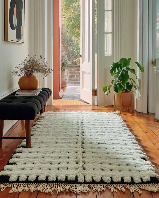 Area Rug with Concentric Square Motif, Shaggy Bohemian Style