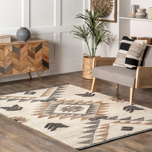 Area Rug with Jute Texture and Black Southwestern Tribal Symbols
