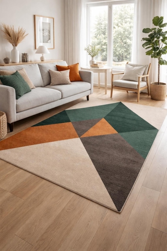 Area Rug with Minimalist Line Art and Terracotta Accents on Ivory.