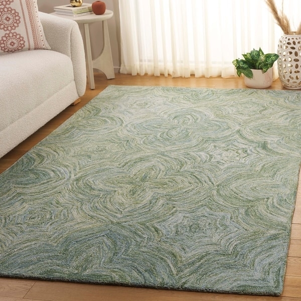 Area Rug with Navy Ikat Pattern, Hand-Tufted Wool Geometric Design.