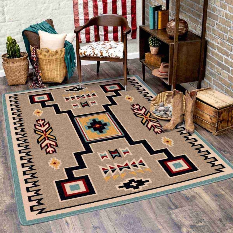 Area Rug with Neutral Geometric Motifs in Cream and Charcoal Tones