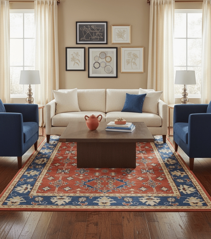 Area Rug with Rich Brown Border, Oriental Pattern, Traditional Style