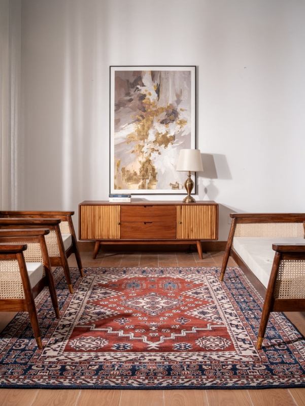 Area Rug with Rust and Blue Contrast, Oriental Pattern, Antique Finish