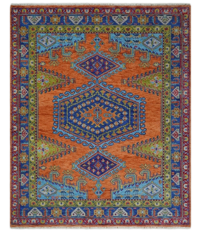 Area Rug with Rust Orange Border, Navy Blue Medallion, Antique Finish