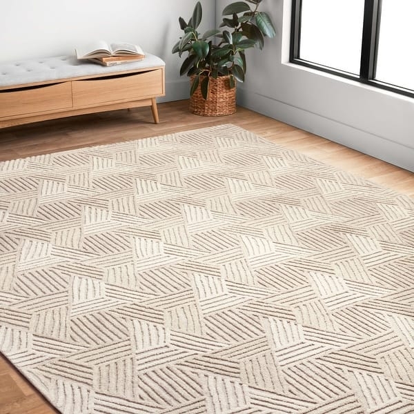 Area Rug with Triangle Maze Pattern, Hand-Tufted Oatmeal Wool.