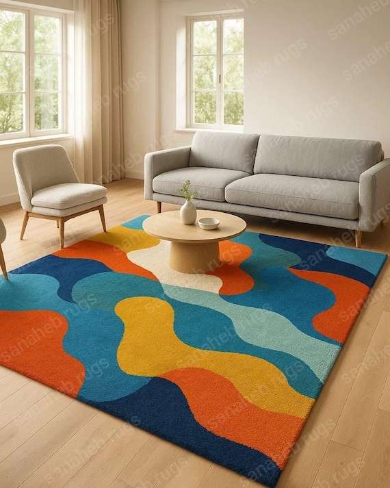 Area Rug with Wavy Abstract Lines in Rust and Blue Tufted Wool.