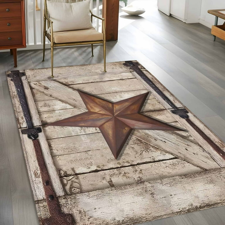 Area Rug Wood Look Print Texas Star Motif Rustic Farmhouse Brown