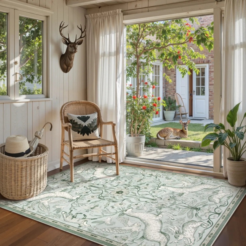 Area Rug Woodland Deer Pattern Sage Green Botanical Washable