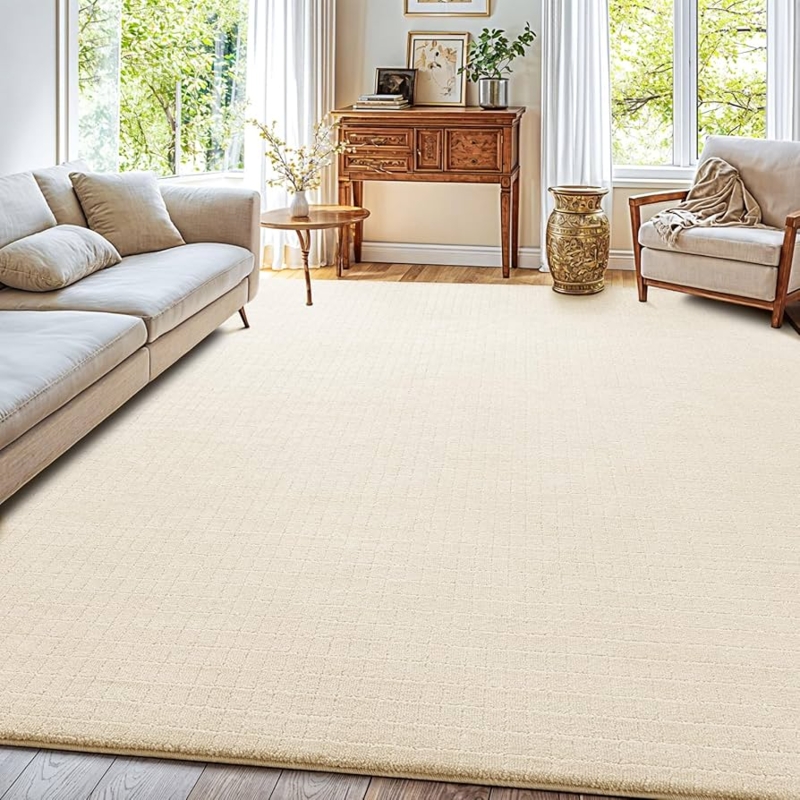 Area Rug Wool Blend Beige Geometric Grid Geometric Home Office Rug