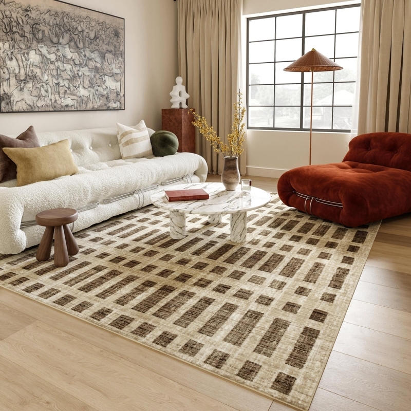 Area Rug Woven Beige Varied Width Stripe Low Pile Farmhouse