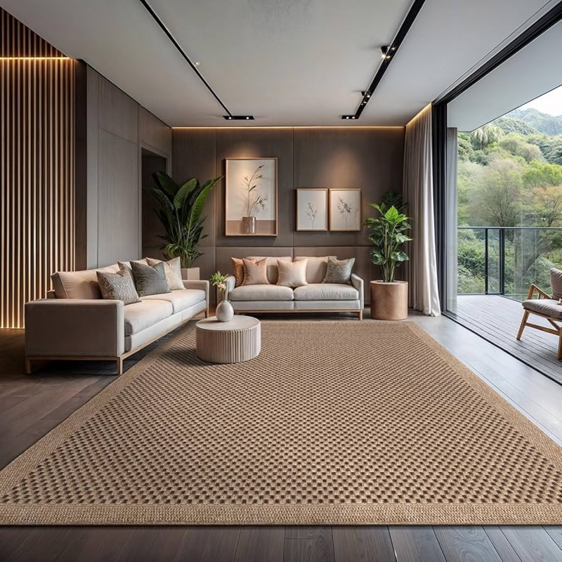 Area Rug: Woven Diamond Lattice Pattern, Natural Fiber Look, Beige Tones