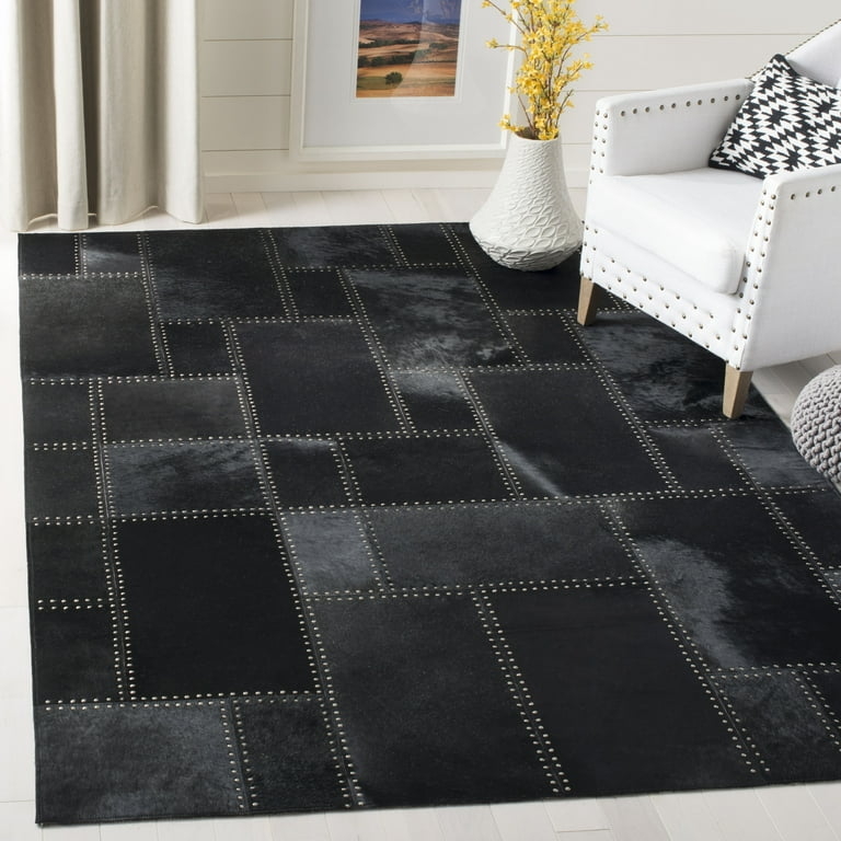 Area Rug Woven Leather Jagged Geometric Stripe Black Off White