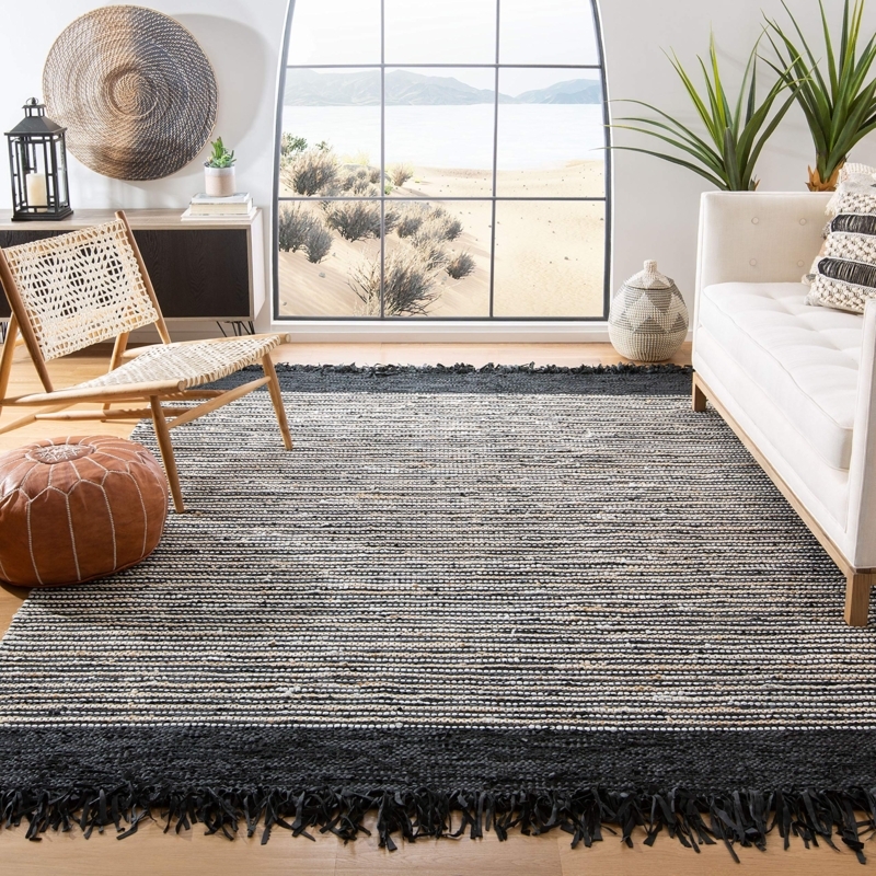Area Rug Woven Leather Strips Fringe Boho Rustic Modern Decor