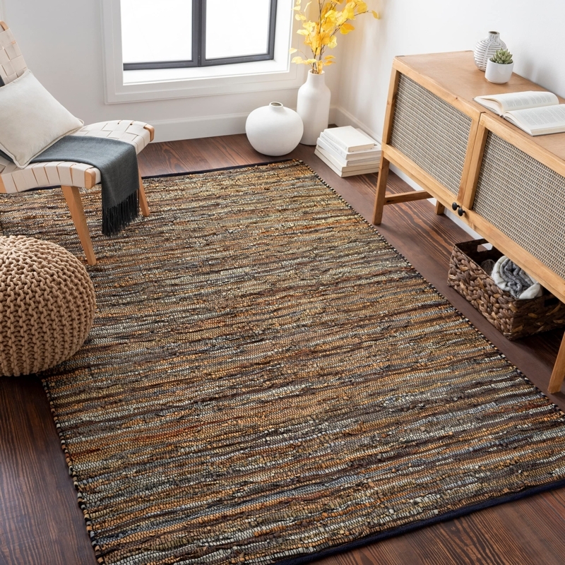 Area Rug Woven Leather Strips Rustic Industrial Multi Tonal Handcrafted Look